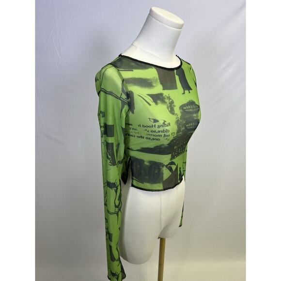 Vintage Y2K Micro Mesh Green Black Print Long sleeve Woman's top Small - Picture 2 of 4